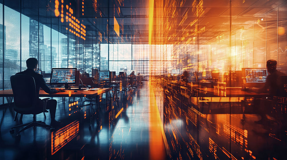 Des collaborateurs travaillent ensemble dans un espace de bureau moderne, utilisant des outils numériques et des écrans interactifs pour favoriser la collaboration et la gestion efficace des projets