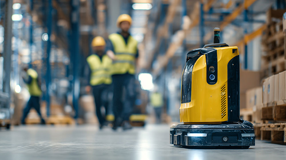 Robot mobile autonome naviguant dans un entrepôt avec des travailleurs 