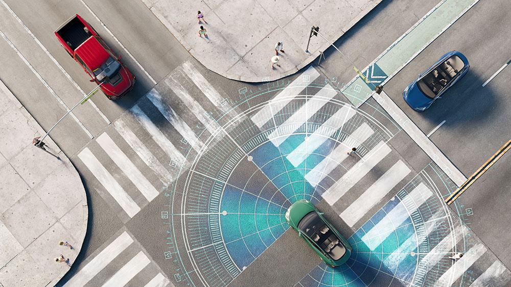 Illustration d'une voiture qui grâce à des capteurs peut ne nécessite plus au conducteur de tenir le volant