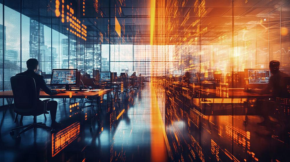 Des collaborateurs travaillent ensemble dans un espace de bureau moderne, utilisant des outils numériques et des écrans interactifs pour favoriser la collaboration et la gestion efficace des projets